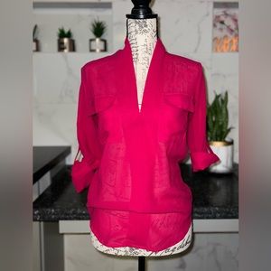 Fuchsia - Small - collarless pullover long sleeve sheer top